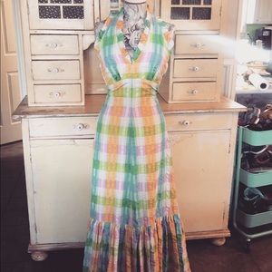 Vintage seersucker pastel plaid maxi ruffle dress